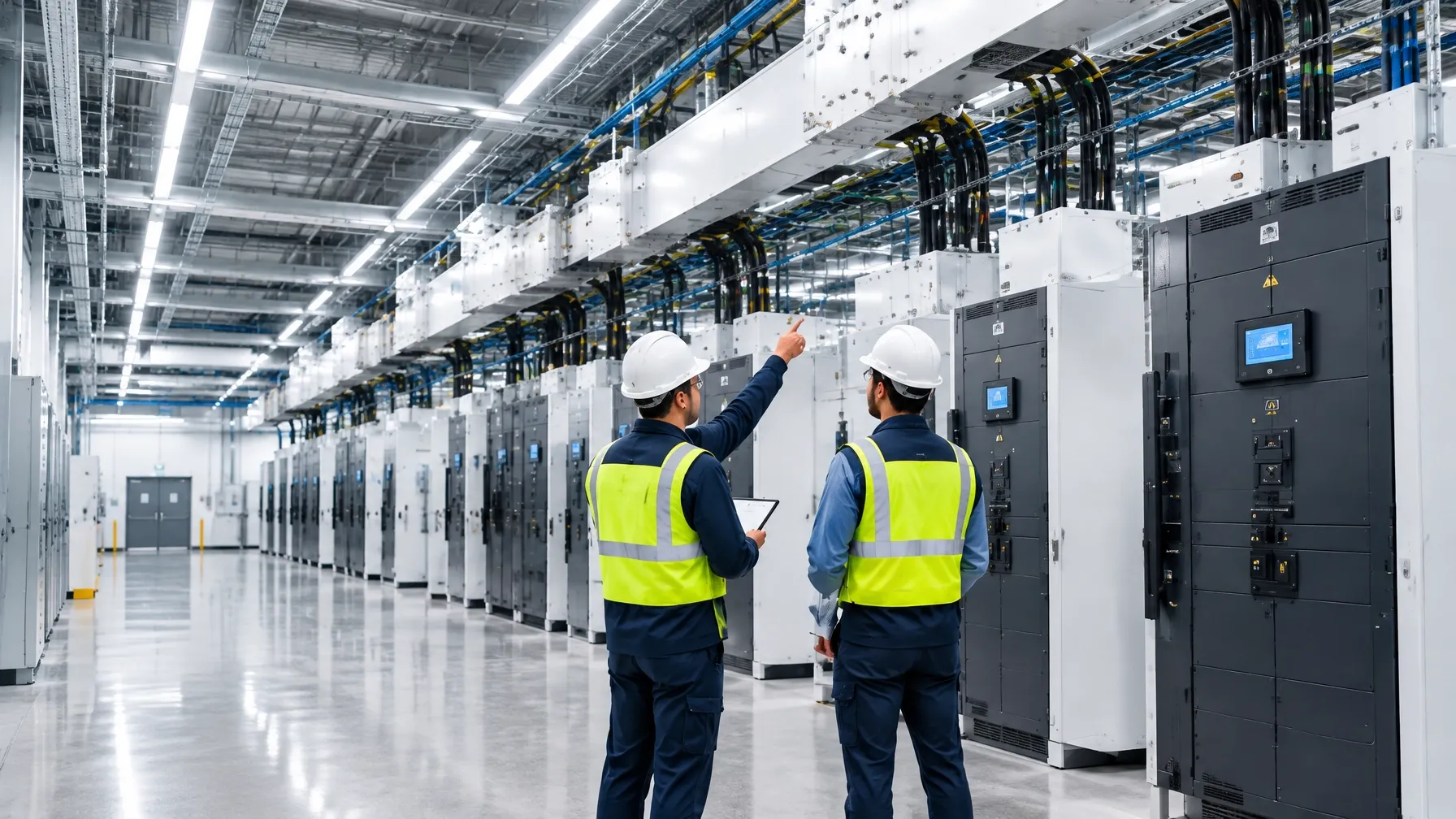 Electrical engineers reviewing power distribution equipment in a data center